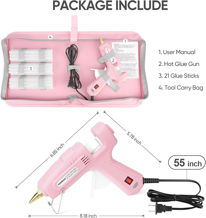ROMECH Full Size Hot Glue Gun with 60/100W Dual Power and 21 Hot Glue Sticks (7/16"), Fast Preheating Heavy Duty Industrial Gluegun with Storage Case for Crafting, DIY and Repairs (Pink)