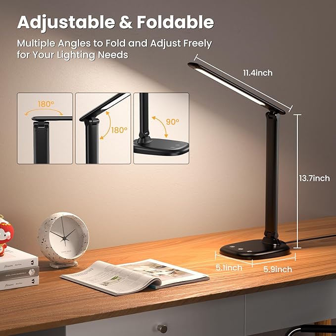 LED Desk Lamp with USB Charging Port, Stepless Dimmable Study Lamp with 5 Color Modes, Touch Control, Timer, Foldable Desk Lights for Home, Office, Bedroom
