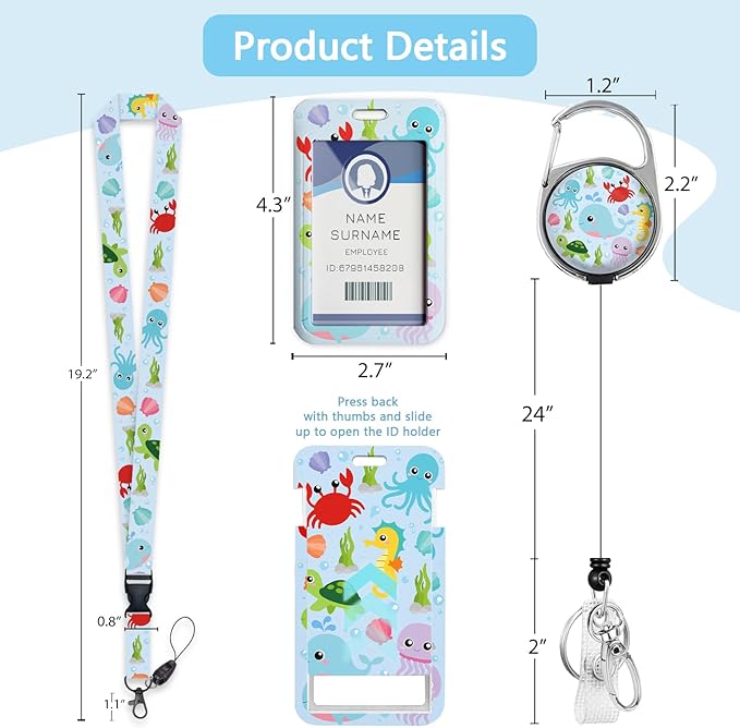 Gctriki Ocean Theme ID Badge Holder with Lanyard - Cute Sea Animals Design - Retractable Clip for Nurses, Teachers, School Staff - Cute Teacher Appreciation Gift & School Supplies