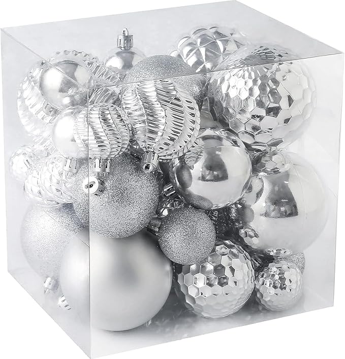 Christmas Balls Ornaments -36pcs Shatterproof Christmas Tree Decorations with Hanging Loop for Xmas Tree Wedding Holiday Party Home Decor,6 Styles in 3 Sizes(Silver)