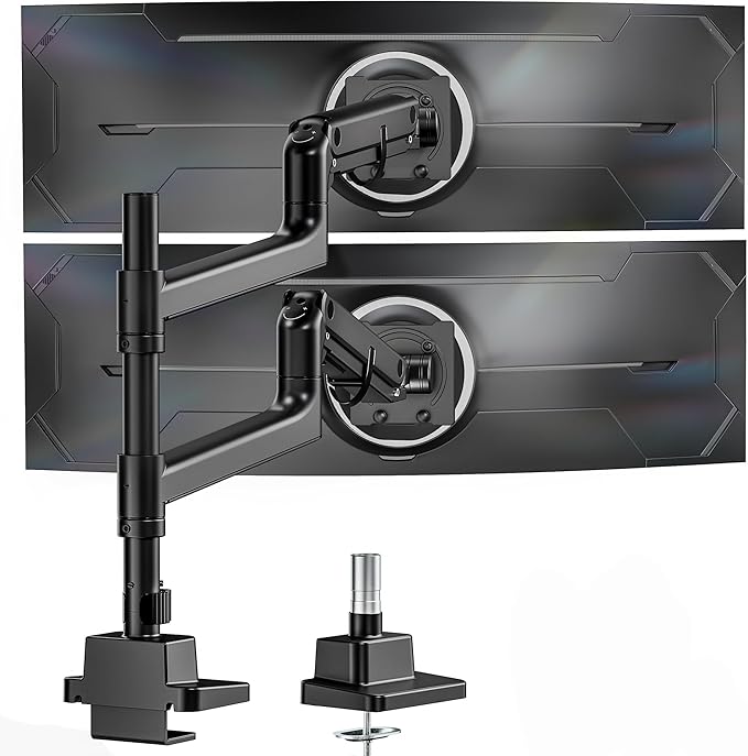 monTEK Dual Monitor Arm for up to 57" and 59.4 lbs Ultrawide Screen, Aluminum Heavy-Duty Gas Spring Vertical Stackable Curved Screen Adjustable Monitor Stand, 75/100mm Vesa Mount, Black