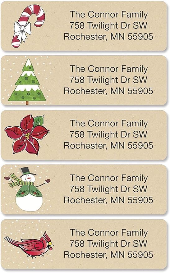 Krafty Christmas Rolled Personalized Return Address Mailing Labels with Dispenser, Set of 500, 5 Designs, Small ¾ x 2½ Inch Size, Custom Self-Adhesive Sticker Roll, by Colorful Images