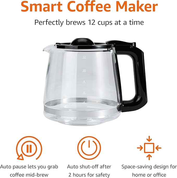 Amazon Basics 12 Cup Drip Coffee Maker, Coffee Machine with Glass Coffee Pot (1.9 Qt), Auto Shut-off, Auto Pause, Removable Filter Basket, Black & Silver