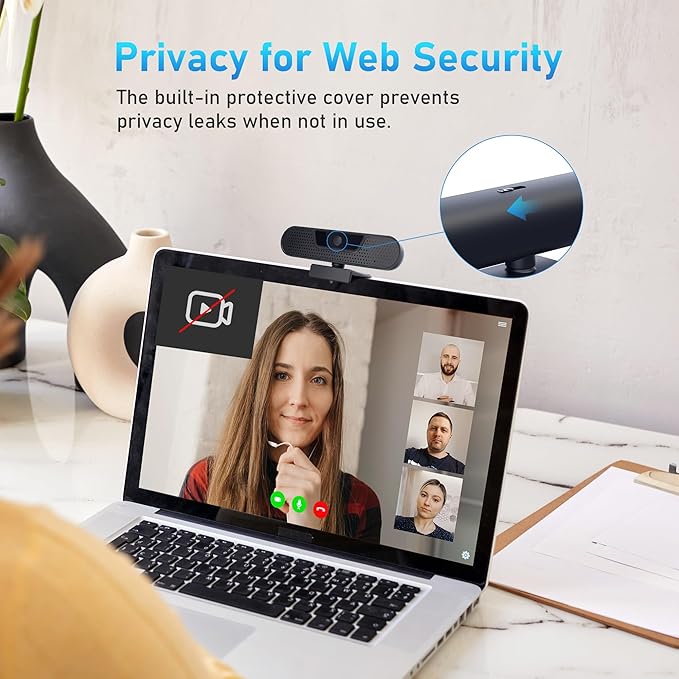 4K Webcam, Computer Camera with 4 Noise-canceling Microphones for Computer/Laptop/Mac, Privacy Cover and Tripod, Work with Video Conference, Live Streaming, Gaming, Video Calls, Zoom