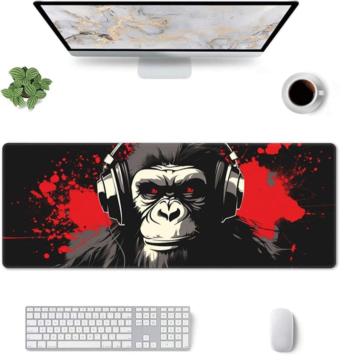 Stylish Gorilla with Headphones Against Themed Mouse Pad 31.5 x 12 Inch, Anti-Slip Rubber Base, Ideal for Computer, Laptop, Office & Home Use