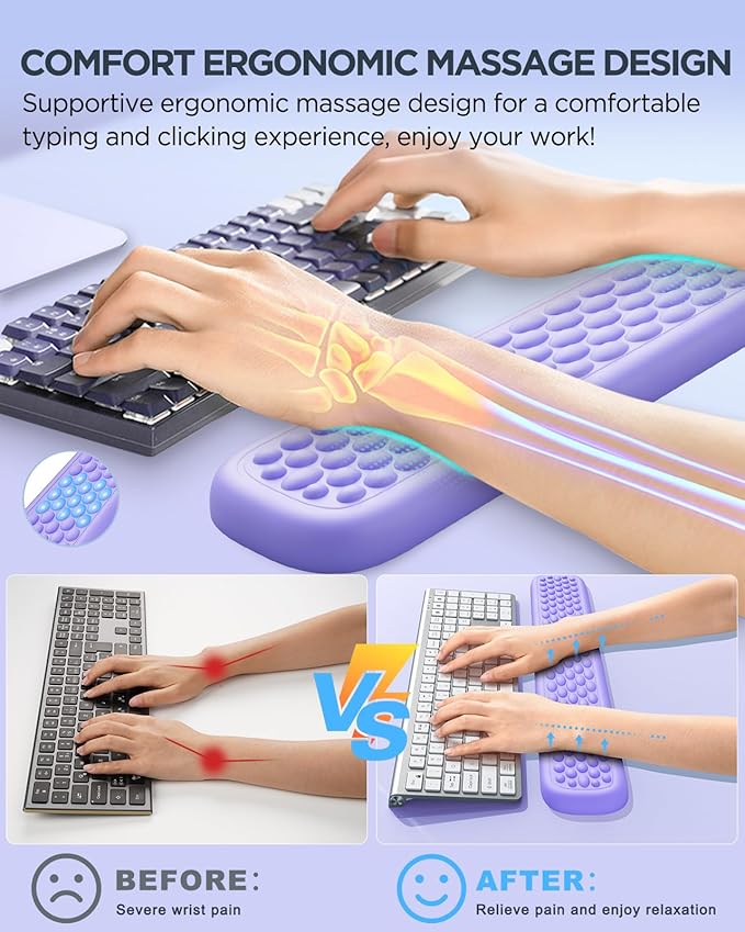 Lekvey Ergonomic Keyboard Wrist Rest, Waterproof PU Leather Wrist Pad with Memory Foam Massage Points, Durable Carpal Tunnel Support for Office/Gaming, Typing Pain Relief, Easy-Clean, Purple