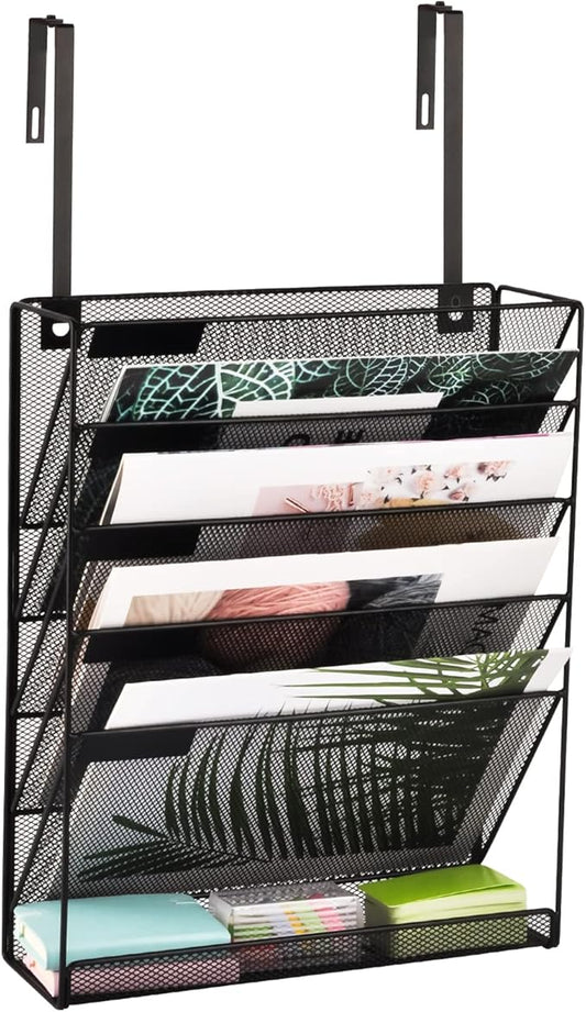 EASEPRES Desk File Organizer Mesh 6-Tier with Hangers, Hanging Wall Mount Document Organization Stand, Desktop Vertical Mail Paper Folder Holder with Bottom Tray for Office Home Cubicle, Black