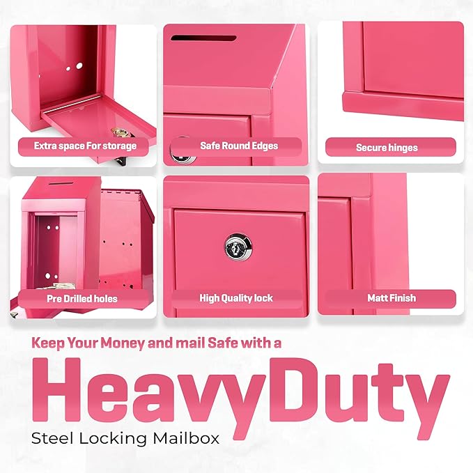 Metal Donation Box-Suggestion Box with Slot and lock-Cash Lock box for Money-Secure Drop Box-Comment and ballot voting box-comes with pre-drilled holes for easy wall mounting 10 X 6 X 2.5"(Pink)