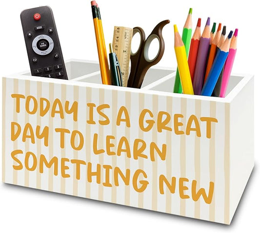 Inspirational Pen Pencil Holder Organizer for Desk, Motivational Gifts for Women, Today Is a Great Day to Learn Something New Wooden Box Sign for Home Office Desk Tabletop Decorations