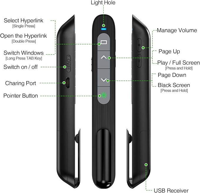 USB C Rechargeable Presentation Clicker with Green Light, Remote Clicker for Presentations Wireless Presenter Slide Changer PPT Advancer with Volume Control for Laptop Computer