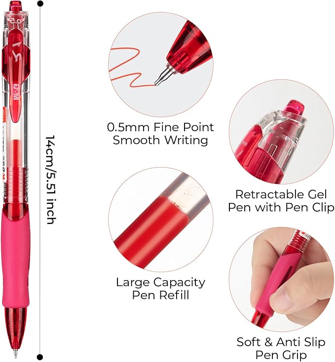 M&G 12Pcs Gel Pens, 0.5mm Red Ink Gel Pens Fine Point, Quick Dry Gel Ink Pens Bulk Smooth Writing with Soft Anti-Slip Grip Retractable Design for Journaling Coloring Office Supplies School Women Men