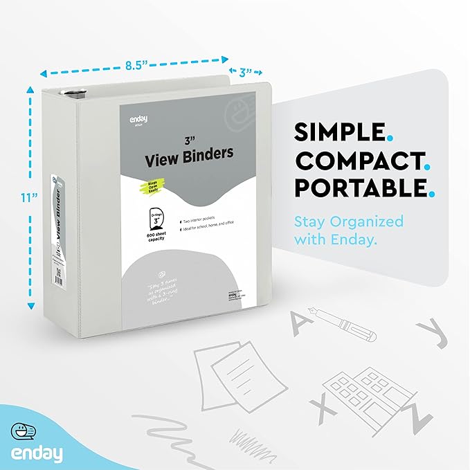 3 Inch Binder 3 Ring Binders Grey, Slant D-Ring 3” Clear View Cover with 2 Inside Pockets, Heavy Duty Colored School Supplies Office and Home Binders – by Enday