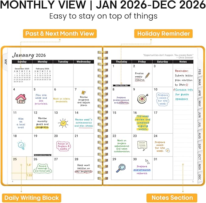 2026 Planner, Weekly and Monthly Calendar Planner Book, January 2026 - December 2026, Hardcover Spiral Planner with Monthly Tabs, Notes Pages, Perfect for Women & Men, A5 (6.4" x 8.5") - Yellow