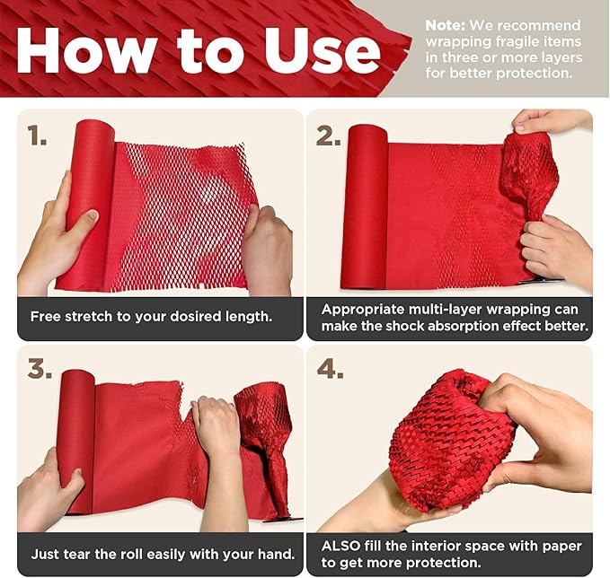 Honeycomb Packing Paper, 12"x300' Red | Perforated Honeycomb Packing Paper Recyclable Moving Supplies for Shipping & Moving | Plastic-Free Alternative to Bubble Cushion Wrap with 36 Fragile Stickers