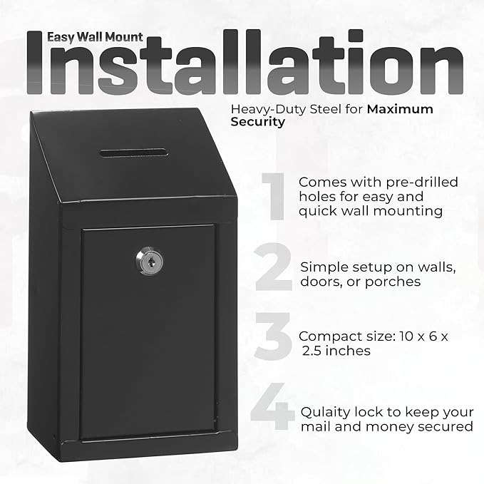 Metal Donation Box-Suggestion Box with Slot and lock-Cash Lock box for Money-Secure Drop Box-Comment and ballot voting box-comes with pre-drilled holes for easy wall mounting 10 X 6 X 2.5"(Black)