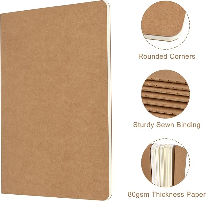 ZCZN 8 Pack A5 Kraft Notebooks Bulk, 8.15x5.5 Inches Lined Paper Journaling Notebooks, Notebooks for Work, Composition Notebooks for School, Journal Notebooks for Office, 60 Pages