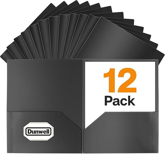 Dunwell Plastic Folders with Pockets (Black, 12 Pack), 2 Pocket Poly Folders for School, Home or Office, Durable Acid-Free Poly, Includes Removable Adhesive Labels