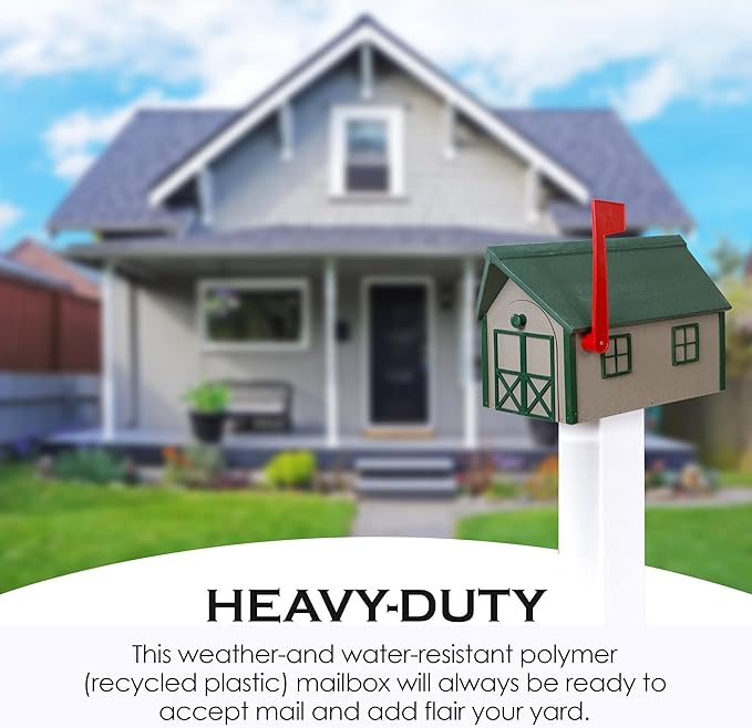 Peaceful Classics Poly Mailbox- Durable, Weather-Resistant Amish Craftsman Mailboxes for Outside Uses Like Front Yard & Road Side- Long-Lasting, Decorative, Modern Mailbox (Clay w/Green Trim & Roof)