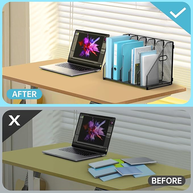 Desk File Organizer Metal Desk Magazine Folder Holder with 5 Vertical Compartments Rack File Organizer for Office, Home, School, Black