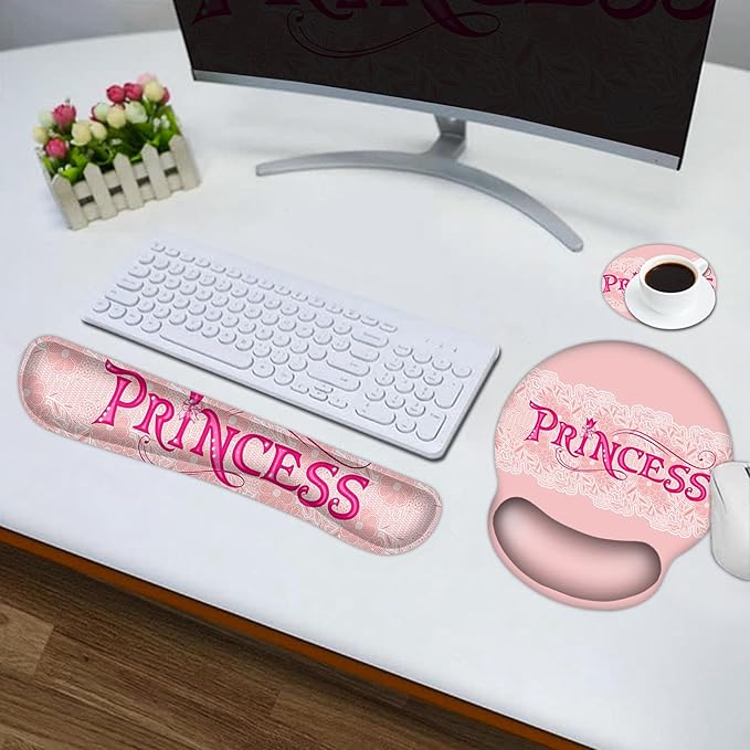 DINKY Pink Mouse Pad with Wrist Rest, Desk Pad for Keyboard and Mouse, Ergonomic Mousepad Set, Keyboard Wrist Rest with Coaster, Desk Mat Combo for Office Home, Pink Princess