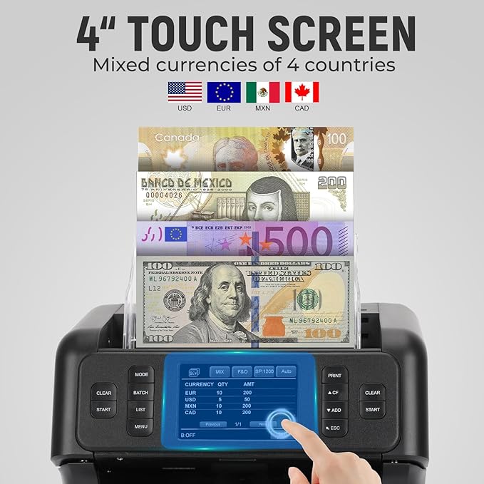NUCOUN VS-35 Mixed Denomination Money Counter Machine,with Reject Pocket,Support USD/EUR/MXN/CAD Count,Bill Sorter,Counterfeit Detection CIS/UV/MG/IR,4'' Touch Screen,Sort&Print Enabled Cash Counter