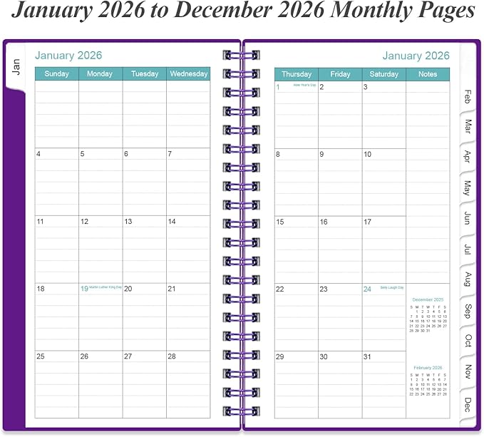2026 Pocket Planner/Calendar - 2026 Planner from January 2026 - December 2026, Planner 2026 with 12 Tabs, Twin-Wire Binding, Inner Pocket, 3.75" x 6.75, Purple
