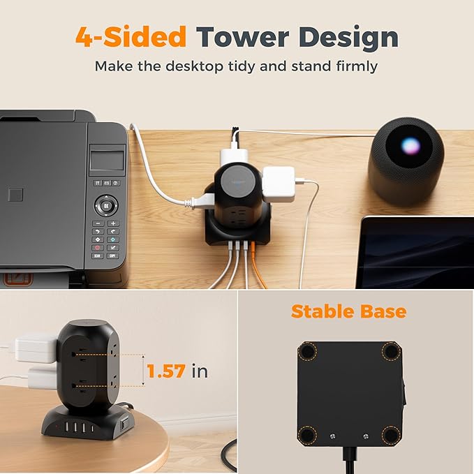 Black Surge Protector Power Strip Tower, TESSAN Flat Plug Extension Cord 10Ft with 8 AC Outlets 4 USB Ports (1 USB C), 1050J Protection Charging Station for Home, Office, Dorm Room Essentials