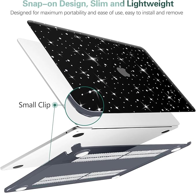 KEROM Glitter Case for MacBook Air 13 inch 2025-2022 M4 M3 M2 A3240 A3113 A2681, Luxury Bedazzled Shiny Bling Sparkle Textured PU Leather Hard Shell & Keyboard Cover for Mac Air 13.6 inch Case, Black