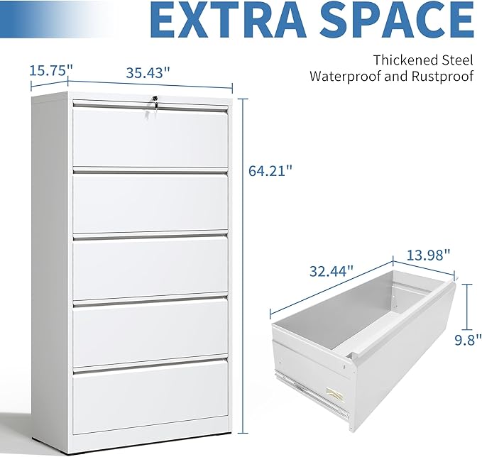 File Cabinets 5 Drawer,Metal Office Storage Filing Cabinet with Lock,White Lateral Filing Cabinet for Home Office,Horizontal Locking File Cabinets for Legal/Letter/A4,Assembly Require,White
