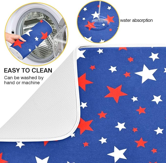 USA Patriotic Stars Memorial Dish Drying Mat 16 X 18 Inch Red Blue White Independence Day Dry Dishes Pads Tableware Mats Protector for Kitchen Countertops Counter Home Decorations