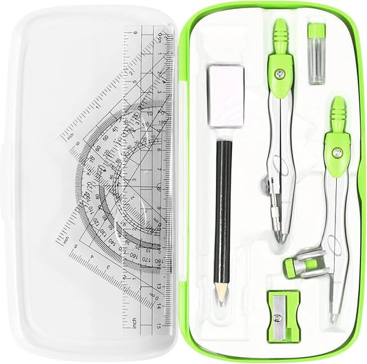 Math Geometry Kit Sets 10 Piece Student Supplies with Shatterproof Storage Box,Includes Rulers,Protractor,Compass,Eraser,Pencil Sharpener,Lead Refills,Pencil,for Drafting（Green）