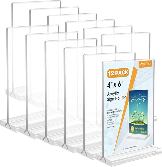 MaxGear 4x6 Acrylic Sign Holder 12 Pack, Double Sided Display Stand, Clear Paper Holder Picture Frame, Plastic Menu Stand Photo Frame for Stores, Restaurants, Hotels, Office