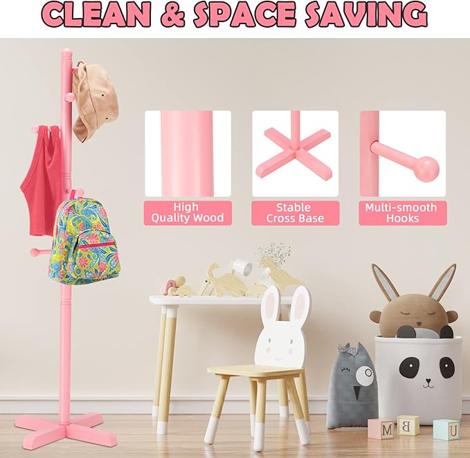 Kids Coat Rack, Freestanding Coat Racks with 8 Hooks 2 Adjustable Height, Tree Coat Rack for Bedroom, Hallway, Entrance, Office, Hats, Handbags,Purse (Pink)