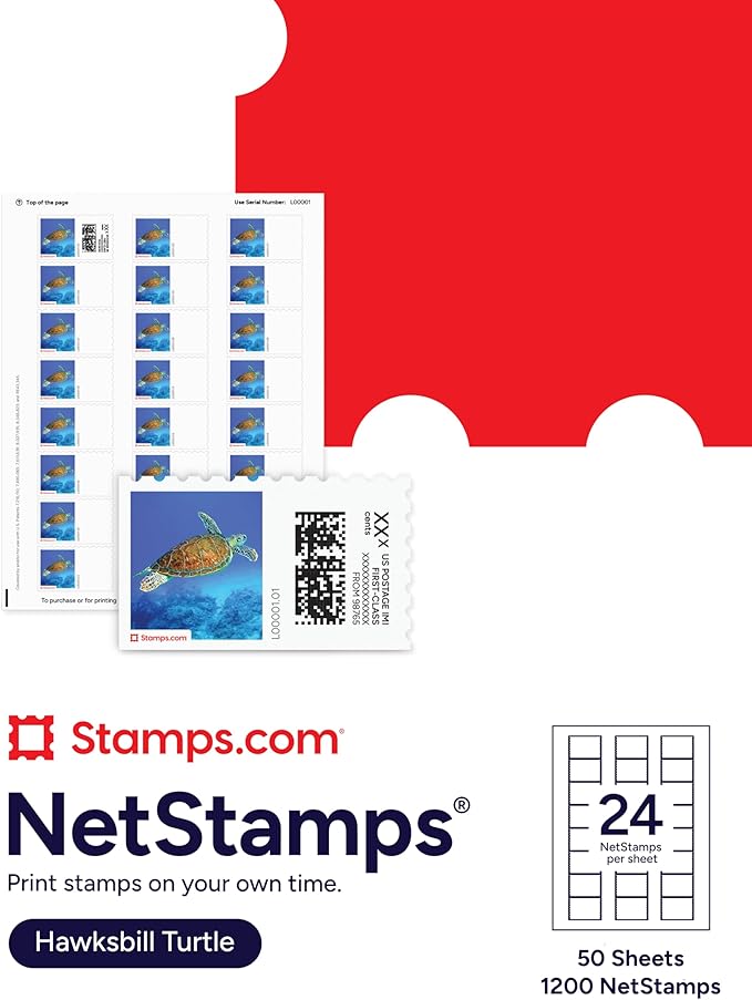 Hawksbill Turtle NetStamps 1200-Pack (50 Sheets) Printable Postage Labels (Stamps.com Subscription Required) - Print Approved Postage - Inkjet & Laser Printers - Business, Personal, Home