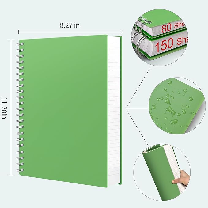AHGXG Spiral Notebook College Ruled - Large Spiral Notebook 8.5" x 11", 300 Pages Writing Journal for Work, 100GSM Thick Paper, Plastic Hardcover A4 Notebook for School Supplies Women Men, Green