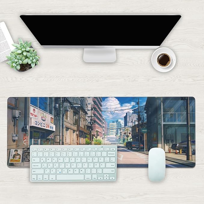 Desk Mat, Anime Summer Street Scenery Extended Gaming Mouse Pad Large, 31.5"x11.8" Big Mouse Pad with Non-Slip Base and Stitched Edge, Long Computer Keyboard Mouse Mat for Home Office Work