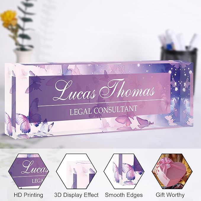 Custom Name Plate for Desk, Personalized Acrylic Office Name Sign with Name & Title, Elegant Desk Decor for Women Men, Employee Appreciation Gift (Purple Butterfly)