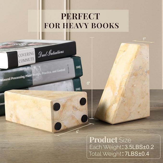 Koville Marble Bookends for Shelves, Large Bookends for Heavy Books, Non-Slip Heavy Duty Book Stopper for CD/Movies, Aesthetic Decorative Bookends for Shelves Table Home Decor(Gold)