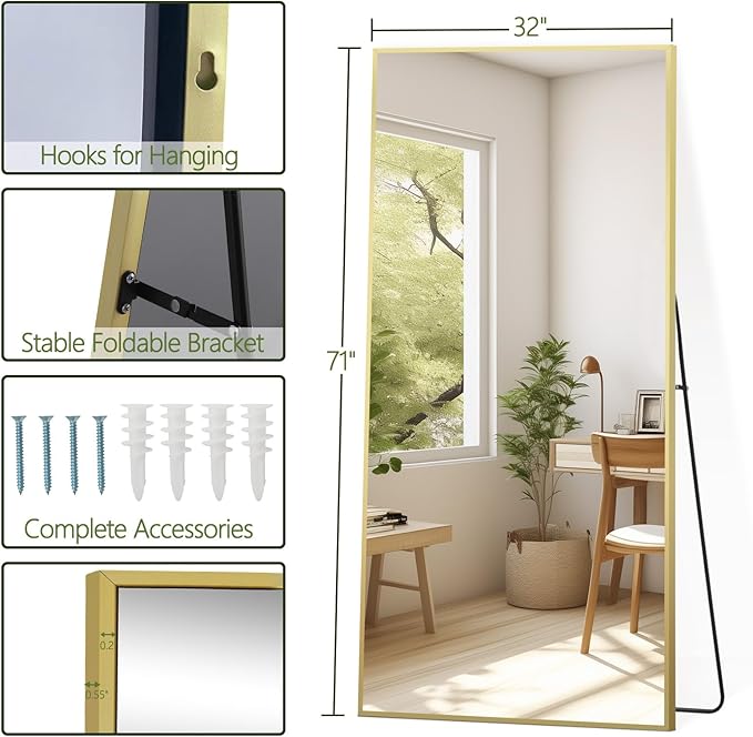 MELOMOIR 71"x32" Gold Mirror Full Length, Large Floor Mirror for Home Gym Bedroom Living Room, Large Standing Mirror with Shatterproof Tempered Glass, Wall Mirror Full Length, Wide Leaning Mirror