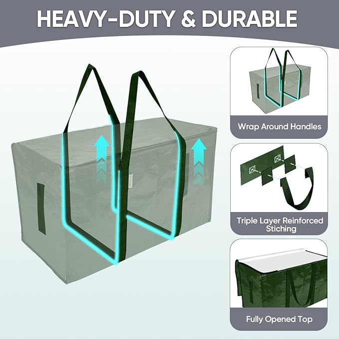 TICONN 2 Pack Extra Large Moving Bags with Zippers & Carrying Handles, Heavy-Duty Storage Tote Moving Boxes for Space Saving (2 Pack, Olive)