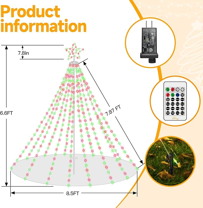 Ollny Christmas Lights Tree Red&Green 340LED with Topper Star, IP67 Waterproof Remote Control Waterfall Lights with Pole, 16 Lighting Modes Timer Dimmable Light Decorations Outdoor Yard Garden Lawn