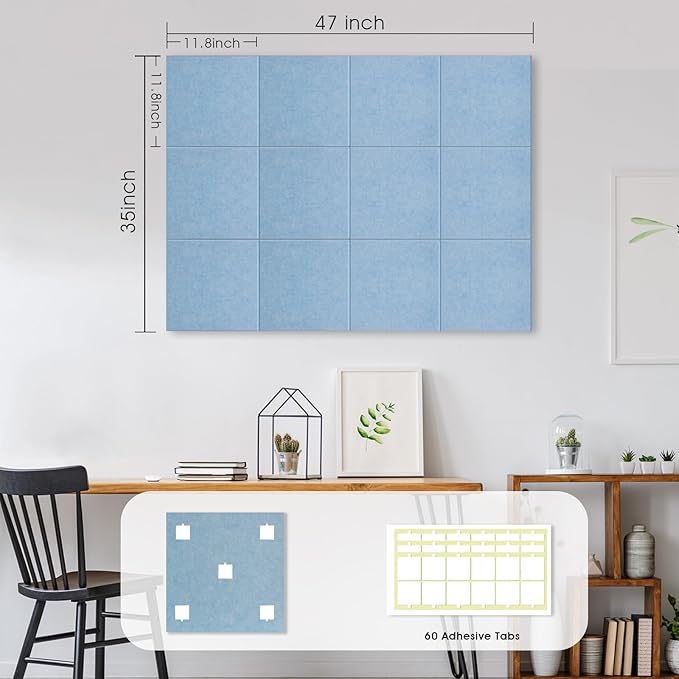 Large Cork Board for Office Wall Decor,48"x36"-12 Pack Felt Wall Tiles with 35 Push Pins, Thicker 0.47in, Felt Bulletin Board Pin Board Cork Boards for Walls - Light Blue