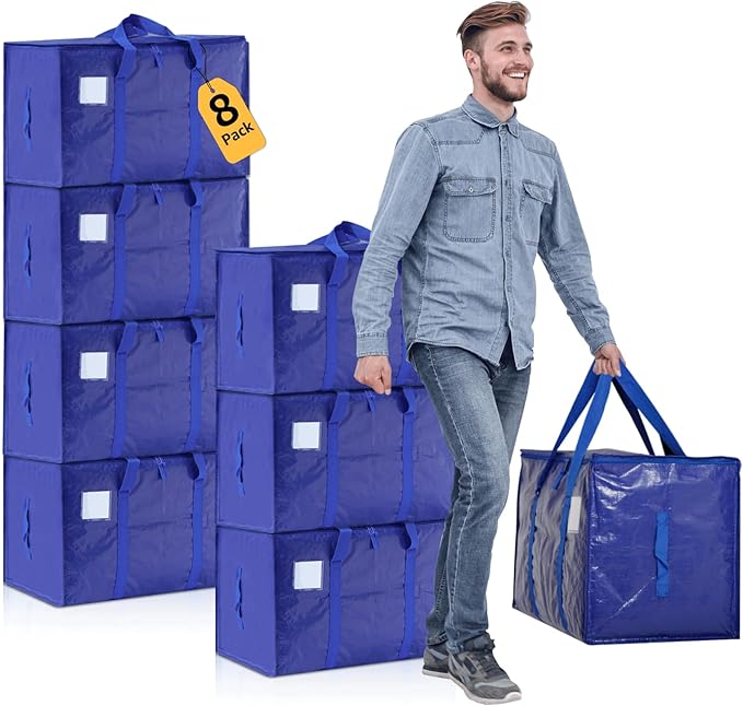 Moving Bags Heavy Duty Extra Large, Moving Boxes, Moving Supplies Essentials, Blue Storage Bins with Lids, Plastic Packing Totes, Storage Bags for Clothes with Handles & Zippers(Blue, 8 Pack)
