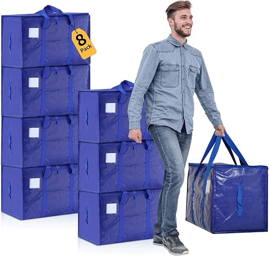 Moving Bags Heavy Duty Extra Large, Moving Boxes, Moving Supplies Essentials, Blue Storage Bins with Lids, Plastic Packing Totes, Storage Bags for Clothes with Handles & Zippers(Blue, 8 Pack)