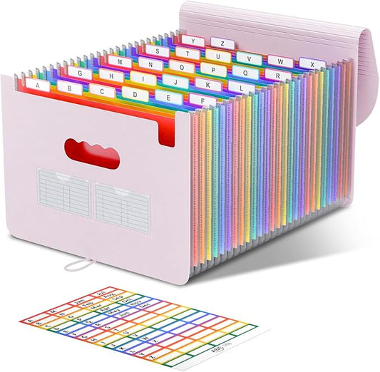 ABC life 26 Pockets Accordian File Organizer Expanding File Folders, Portable Letter A4 Size Filing Box,Plastic Monthly Receipt Document Organizer with Colored Tabs (Pinkish Purple)