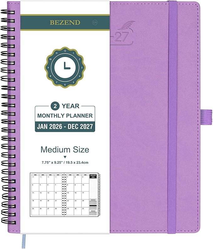 BEZEND Monthly Planner 2026-2027 (Spiral-7" x 9") 2 Year Calendar Book with Note Pages - Jan 26 to Dec 27-120 GSM Paper, Inner Pockets, Laminated Tabs, Vegan Leather Softcover - Lavender