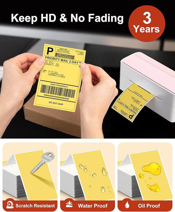 Phomemo 4x6 Thermal Label Printer Paper - 500 PCS Yellow 4"x6" Fan-Fold Shipping Supplies Labels - Water/Oilproof Label Stickers - Permanent Adhesive Thermal 4x6 Labels for Small Business