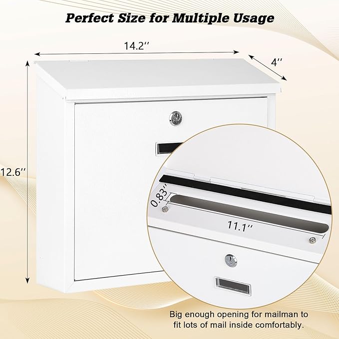 xydled Mail Boxes with Key Lock,Locking Mailbox Wall Mounted,Security Metal Mailbox Drop Box, Modern Large Capacity,Steel Cover Metal Postbox for House Home Outside, White, 14.2''x12.6''x4''