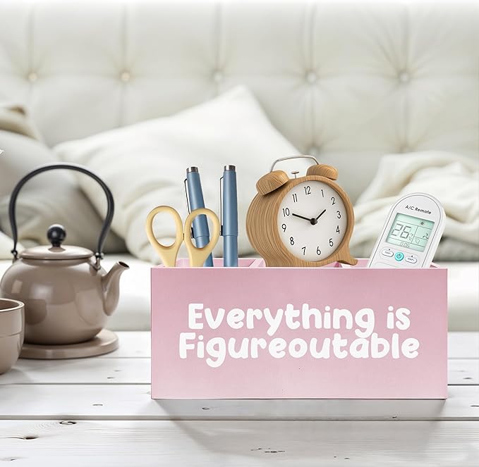 Everything Is Figureoutable Makeup Brush Toothbrush Holder, Preppy Coquette Pink Wooden Pen Pencil Holder Organizer for Dorm Bedroom Desk Accessories, Inspirational Gifts for Women