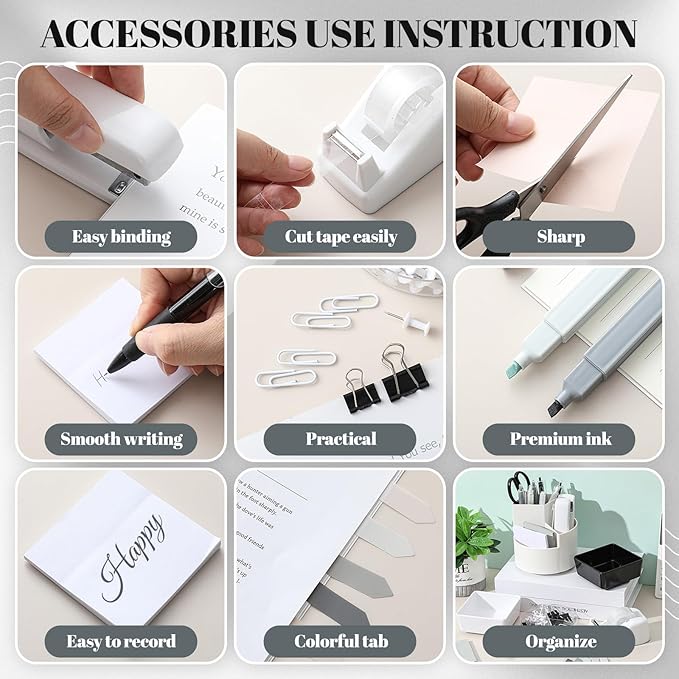 Kosiz 27 Pcs Black White Desk Accessories Aesthetic Desk Organizer Neutral Office Supplies Pen Holder Stapler Binder Sticky Notes Paper Clips Scissor Staples Aesthetic Accessories for Women(Classics)
